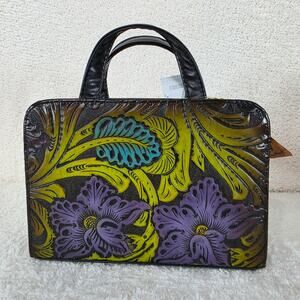 Purple Floral Embossed & Hand Painted Mexican Brown Vegan Leather Handbag
